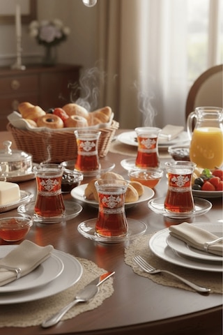 İnsigne Model Desenli Şeffaf Cam Çay Seti 12 Parça Çay Takımı Şeffaf