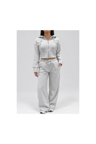 Modanida Kadın Gri Crop Fermuarlı Kapüşonlu Sweatshirt Ve Bol Paça Eşofman Altı Kalın Kumaş Alt-üst Takım Gri Gri