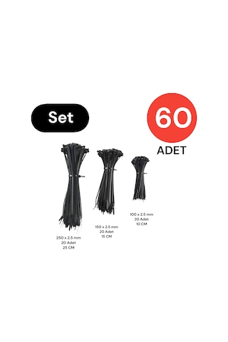 Tek-iş Plastik Kablo Bağı Cırt Kelepçe Set 100-150-250 X 2.5 Mm Siyah 20 X 3 60 Adet