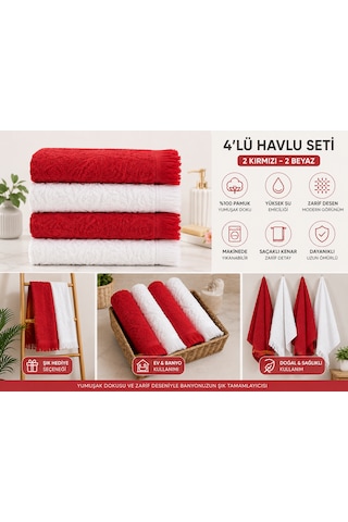 Pamuklu Mutfak Havlusu 4'lü Set 30x50 Cm El Ve Kurulama Havlusu Yumuşak Emici Çok Amaçlı Kırmızı