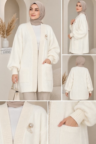 Aymiraa Kadın Angora Yumoş Triko Hırka Cepli Krem Krem