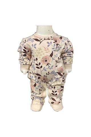 Çicek Desenli Çıtçıtlı Ayaklı Patikli Tulum Krem