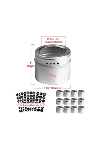 Padalink 12'li Çelik Manyetik Baharat Kavanoz Seti Görünür Kapağı, Dökme Ve Süzme Tasarım + 144 Adet Baskılı Etiket - Mutfak Gerekli Malzeme Gümüş