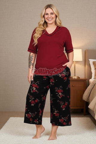 Lady Bordo Renk Ve Çiçek Desenli 10736 Pamuklu Büyük Beden Kapri Anne Pijama Takımı