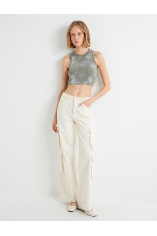 Koton Crop Atlet Halter Yaka Metalik Sim Baskılı Fitilli Ada Çayı 4sak10284ek Açık Yeşil