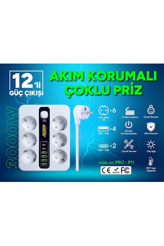 Akım Korumalı 6'lı Grup Priz 4 Usb'li Ve 2 Type-c Li 6'lı Grup Priz 2 M Kablo Çocuk Korumalı 2 M