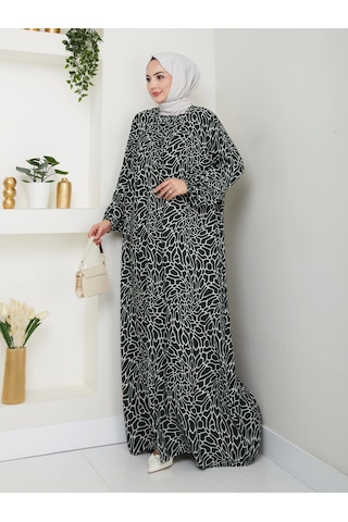 Desenli Önü Büzgülü Viskon Elbise - Haki / E0131 Haki