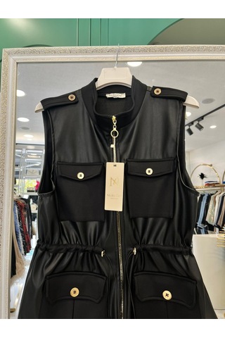 Nurgün Deri Yelek Cep Detaylı - Siyah - 1 Siyah