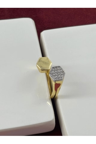Silver Taşlı Bal Peteği Detaylı Gold Yüzük Gold