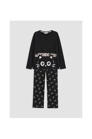 Lcw Young Siyah Bisiklet Yaka Baskılı Kadın Pijama Takım