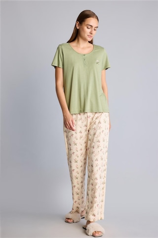 Defacto %100 Pamuk Regular Fit Kısa Kollu İşlemeli Üst Çiçekli Geniş Paça Alt 2li Pijama Takım I6408ax26aukh461 Haki-kh461