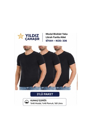 Yıldız Çamaşır Erkek Modal Bisiklet Yaka Likralı Fanila Atlet 335-336-337-338 - 3 Adet Siyah