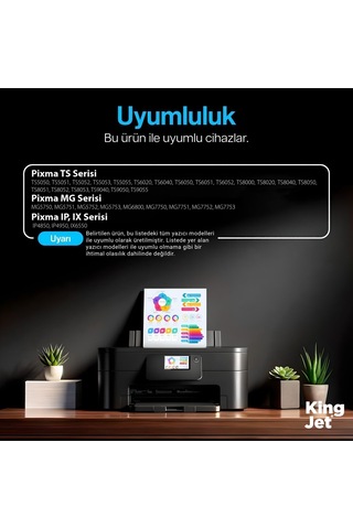 Kingjet Canon Pixma Ts8053 Uyumlu Yüksek Kapasiteli 5 Renk Takım Uyumlu Kartuş Çipli