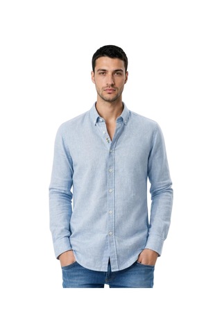 Arma Ar-ma Erkek Keten Gömlek Baskisiz Basic Düğme Kapamali Cepsiz Uzun Kollu Gömlek Dokuma Kumaş Regular Fit %60 Pamuk %40 Keten Y31485118002 Mavi-m2