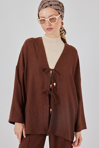 Bigdart Kadın Keten Kimono İkili Takım 6727 - Kahverengi