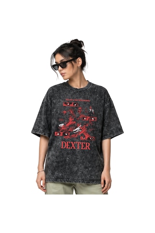 Dexter Dizi Ön Baskılı Unisex Oversize Eskitme Yıkamalı Tişört Siyah