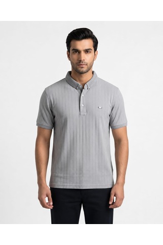 Özeniş Erkek Polo Yaka Slim Fit Çizgili Desen Kaşkorse T-shirt Gri