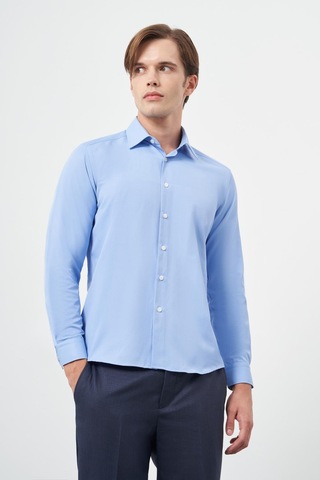 İmza Mavi Uzun Kol Düz Bez Ayağı Sert Yaka Cepsiz Pamuklu Classic Slim Fit Gömlek 1004245267 Mavi