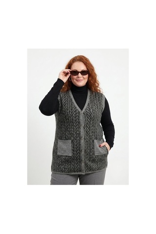 Onno Style Women Büyük Beden Çelik Örgü Klasik Leopar Desen Triko Kadın Yelek Gri