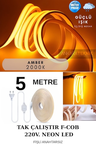 Ankara Teknik 220 Volt Cob Neon Led F-cob Led Yüksek Lümen Dış-ıç Mekan Amber 5 metre