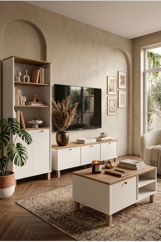Robin Home Alaska Tv Ünitesi Orta Sehpa Kitaplık Ahşap Ayaklı 3'lü Set Ahşap-beyaz