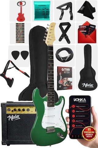 Midex Age-80gr Amfili Full Elektro Gitar Seti 4/4 Yetişkin 39 İnç Green