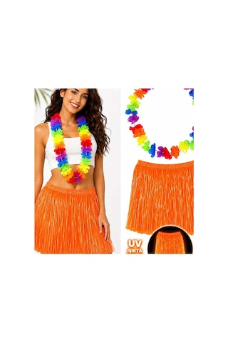 Neon Turuncu Hawaii Etek 40 Cm Ve Rengarenk Hawaii Kolye Evimdeyokyok