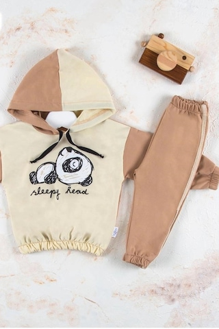 Veraura Lifestyle Panda Desenli Kapişonlu Erkek Bebek Takımı KREM