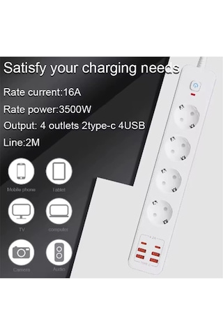 Termal Akım Korumalı 4 Lü Priz 4x Usb 2x Type-c Çıkışlı Grup Priz Çoğaltıcı 3500w