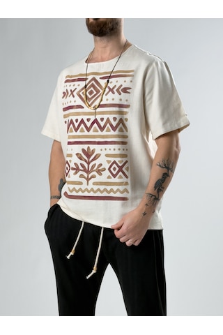Cocopelli Bordo Etnik Tasarım Erkek T-shirt Coc2871 Bej
