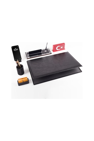 Redora Türk Bayraklı Biblolu Gümüş Renk Deri Ofis Sümen Seti İsme Özel Masa İsimliği Masaüstü Seti