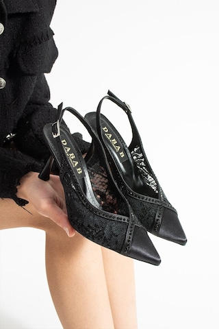 Dabab Shoes Laceora Kadın Siyah Sivri Burun 10 Cm Topuklu Dantel Dokulu İnci Detaylı Slingback Abiye Ayakkabı