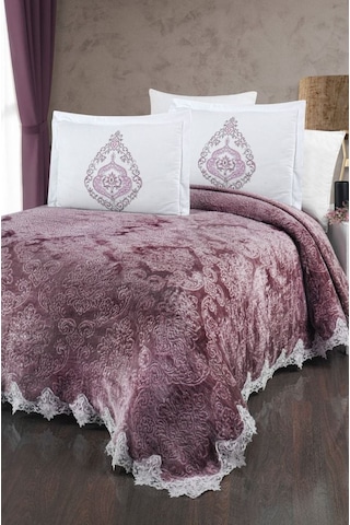 The Home Collection Mürdüm Larissa Fransız Güpürlü Battaniye Seti Mürdüm