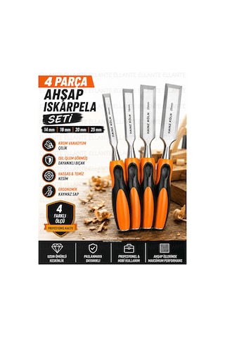 4 Parça Ahşap Iskarpela Seti 14-18-20-25 Mm Krom Vanadyum Çelik Ergonomik Kaymaz Sap Profesyonel Mar
