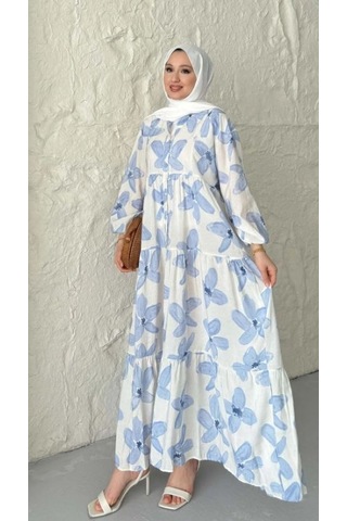Modal Kumaş Çiçekli Düğmeli Elbise - Mavi Mavi