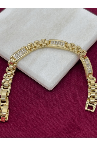 14 K Renginde Minik Taşlarla Kaplı 3 Dikdörtgen Şekilli Gold Bileklik Gold