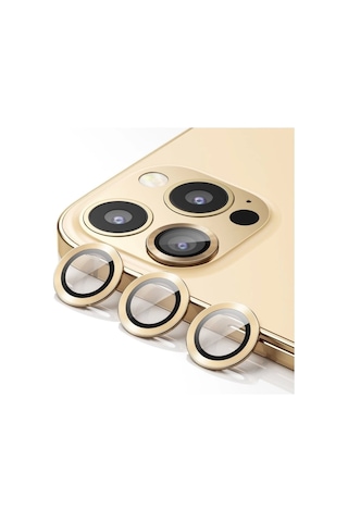 Apple Uyumlu iPhone 14 Pro Max Kamera Koruyucu Lens Mercek Metal Çerçeveli 3lü Set Gold Altın