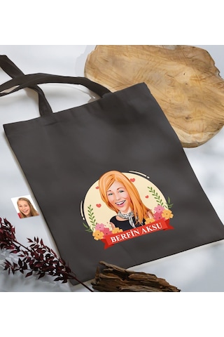 Bk Gift Kişiye Özel Anneler Günü Karikatürlü Antrasit Kumaş Bez Çanta, Baskılı Omuz Çantası, Alışveriş Çantası, Anneye Hediye-6 Antrasit