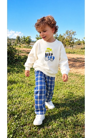 Elzo Collection Erkek Çocuk Ön Arka Beep Beep Baskılı Sweatshirt Kareli Denim Kot Pantolon Alt Üst Takım Çok Renkli