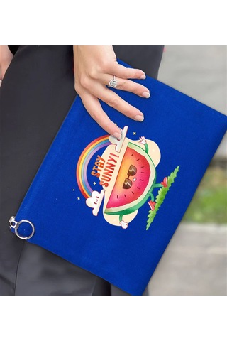 Bk Gift Yaz Temalı-7 Astarlı Mavi Portföy Çanta 30x21cm, Baskılı El Çantası, Organizer Çanta