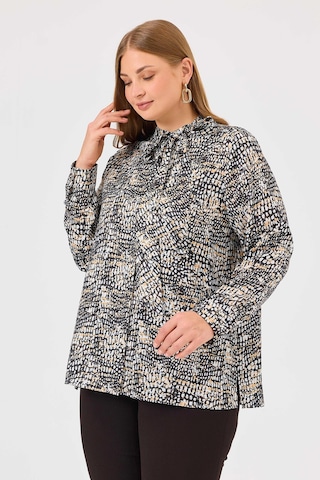 Galaxi Kadın Büyük Beden Yakası Bağlamalı Desenli Gömlek 4026 Siyah Siyah