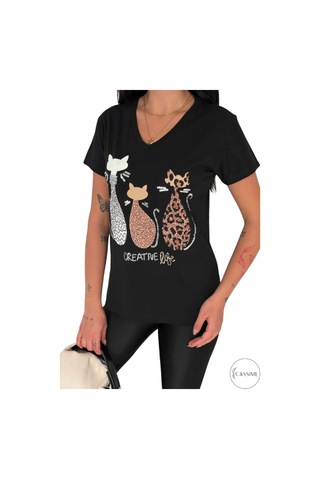 Cassime Kadın Siyah V Yaka 3 Kedi Pul Payet İşlemeli %100 Pamuk Büyük Beden Tişört Xl-2xl-3xl