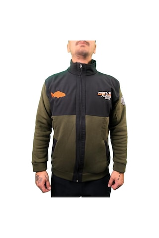 Oslo Fisherman Balık Nakışlı Fermuarlı Sweatshirt Haki - Siyah