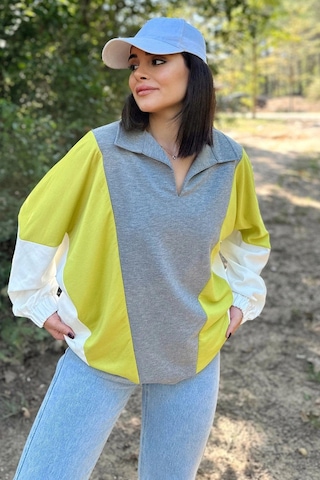 WeShaya Kadın Gri Polo Yaka, Uzun Yarasa Kol, Lastikli Manşet, Asimetrik Color Block, Salaş Sweatshirt Bluz Gri