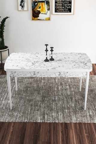 Canisa Concept Zen Serisi 80x132 Mdf Açılabilir Beyaz Mermer Desen Masa Takımı 4 Siyah Sandalye Ve 1 Bench Masa Beyaz Mermer Sandalye Ve Bench Siyah