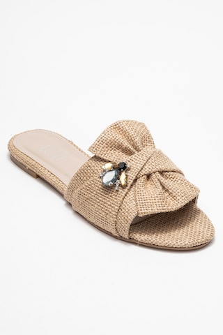 Luvishoes Luvi Shoes Donald Bej Hasır Fiyonklu Arı Tokalı Kadın Terlik Bej