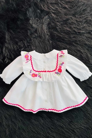 Nakış Ve Su Taşı Detaylı Beyaz Poplin Pamuklu Kız Çocuk Bebek Mevlüt Elbise 001