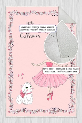Pembe Balerin Desenli Baskılı Yıkanabilir Kaymaz Kız Çocuk Odası Anaokulu Kreş Halısı