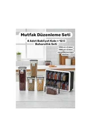 21 Parça Mutfak Düzenleme Seti 4'lü Erzak Saklama Kabı&12'li Standlı Kaşıklı Duvara Monte Baharatlık - 771548594 Diğer