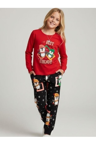 Kız Çocuk Pamuklu Best Friends Penguen Baskılı Pijama Takımı-16822 Kırmızı